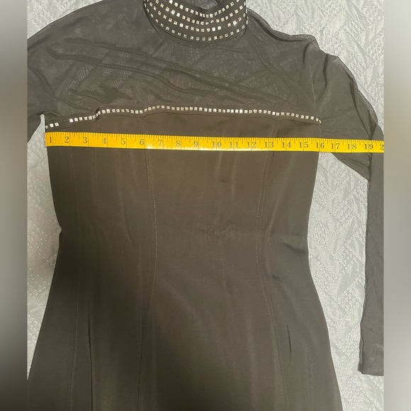 1990S TADASHI BLACK VINTAGE EVENING DRESS W SHEER SLEEVES & RHINESTONES - Picture 8 of 8